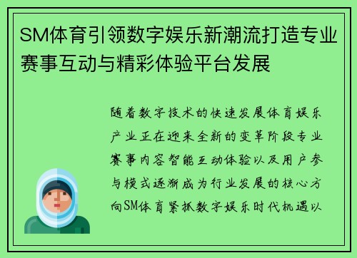 SM体育引领数字娱乐新潮流打造专业赛事互动与精彩体验平台发展