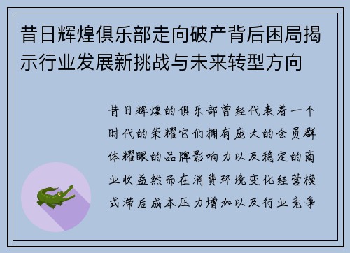 昔日辉煌俱乐部走向破产背后困局揭示行业发展新挑战与未来转型方向